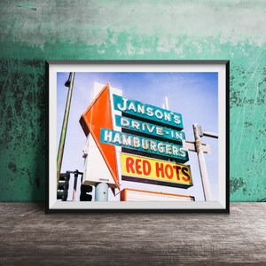 JANSON&#39;S DRIVE-IN, Chicago - Unframed Photography Print - Beverly, Chicago Neon Restaurant Sign - Janson Red Hots, Hot Dogs, Hamburgers