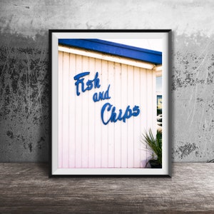 FISH AND CHIPS, Kitchen Wall Art - Unframed Photography Print - Seafood Kitchen Decor, Blue and White Wall Art