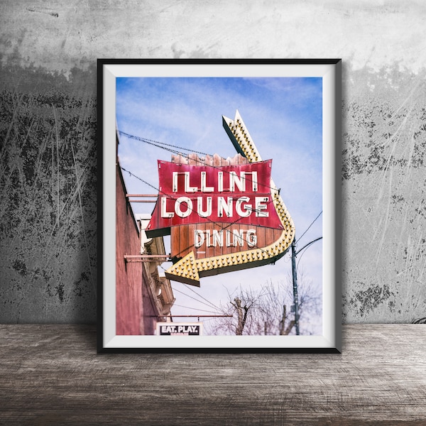 ILLINI LOUNGE, ILLINOIS - Unframed Photography Print - Unframed Illinois Wall Art - Marseilles, Illinois Neon Bar Sign