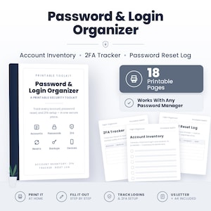 Op de afbeelding: Een printbare wachtwoord- en inlogorganizer-toolkit met 18 pagina's, inclusief een accountinventaris, 2FA-tracker en wachtwoordresetlogboek. Het document bevat iconen voor accounts, wachtwoorden, 2FA, resets, back-ups en apparaten, geschikt voor US letter en A4.