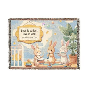 Woven Blanket | 1 Corinthians 13:4 Scripture, Bunny Music Scene, Cotton Throw