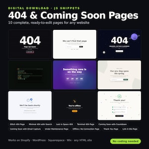 以下が含まれることがあります： 404エラーページと近日公開ページを含む10種類のウェブサイトテンプレートのデジタルダウンロードセット。デザインには「404 Page not found」、「We can't find that page」、「Something new is on the way」、「Thank you」などのテキストが含まれています。