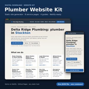 May include: A digital website kit for a plumber named Delta Ridge Plumbing, featuring a desktop and mobile layout. The design includes service pages for drain cleaning, water heater repair, leak detection, repiping, and gas line installation.