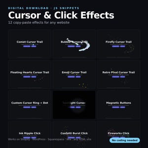 Cursor Effects Pack | 12 Mouse Trail, Custom Cursor & Click Animations for Any Website | JS Snippets for Shopify WordPress Squarespace