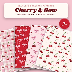 May include: A digital collection of 16 seamless patterns titled Cherry & Bow, featuring repeating motifs of red cherries, pink bows, gingham checks, and small hearts in various colour combinations on red, pink, and cream backgrounds.