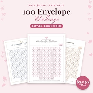 May include: Three printable 100 Envelope Challenge savings trackers on white paper. Each sheet features a grid of 100 numbered envelope icons, with text reading 100 Envelope Challenge, Save $5,050, and Bonus A5 Size, set against a light pink background.