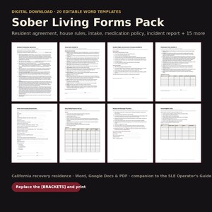 Puede incluir: Una descarga digital de un paquete de formularios de vida sobria que contiene 20 plantillas de Word editables. La imagen muestra ocho páginas de documentos, incluyendo un acuerdo de residente, reglas de la casa, admisión y política de medicamentos.
