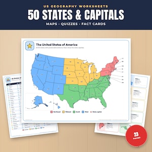 Pode incluir: Um conjunto de fichas de geografia dos EUA intitulado 50 States & Capitals, com mapas, questionários e cartões informativos. O mapa central mostra os Estados Unidos divididos em quatro regiões codificadas por cores com capitais e estrelas.