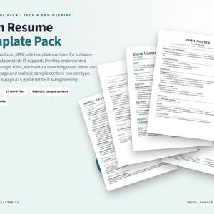 May include: A Tech Resume Template Pack featuring five single-column, ATS-safe templates for software engineers, data analysts, IT support, DevOps engineers, and product managers. Includes matching cover letters, references, and a 6-page ATS guide.