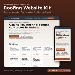 May include: A digital website kit for a roofing contractor named Oak Hollow Roofing, displayed on a desktop browser and a mobile phone screen. The layout features service categories, contact information, and text detailing roofing services.