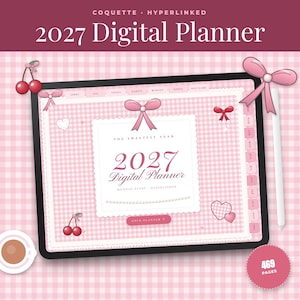 May include: A 2027 digital planner displayed on a tablet screen with a pink gingham background. The interface features a white central panel with the text 2027 Digital Planner, decorated with pink bows, cherries, and hearts. A stylus is positioned to the right.