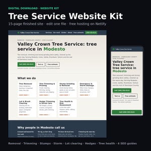 May include: A digital website kit for a tree service business, featuring a 15-page layout displayed on desktop and mobile screens. The design includes sections for tree removal, trimming, stump grinding, and emergency services with contact buttons.
