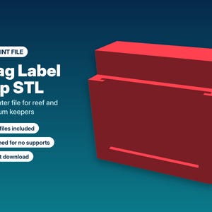 May include: A red 3D printed frag label clip with a rectangular design. The text on the image reads: 3D PRINT FILE, Frag Label Clip STL, 3D printer file for reef and aquarium keepers, 7 STL files included, Designed for no supports, Instant download.