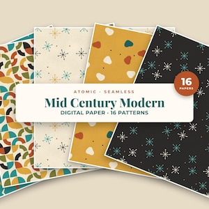 May include: A collection of digital paper sheets featuring 16 seamless patterns with geometric shapes, starbursts, and organic blobs in mustard yellow, teal, black, and cream. A central white label displays the text: ATOMIC SEAMLESS Mid Century Modern DIGITAL PAPER 16 PATTERNS.