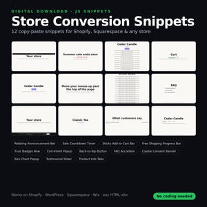 Könnte beinhalten: Ein digitaler Download von 12 Store Conversion Snippets für Shopify, Squarespace und jeden Shop. Das Bild zeigt ein Raster aus 12 weißen rechteckigen Vorschauen, die Website-Elemente wie Countdown-Timer, FAQs und Testimonials auf schwarzem Grund.