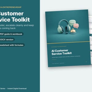 Könnte beinhalten: Ein KI-Kundenservice-Toolkit-Set mit einem 76-seitigen PDF-Handbuch, einer bearbeitbaren DOCX-Version und einer Tabelle mit 6 Reitern. Das Cover zeigt einen blaugrünen Hintergrund mit Headset, Sprechblasen und einer Serviceklingel.