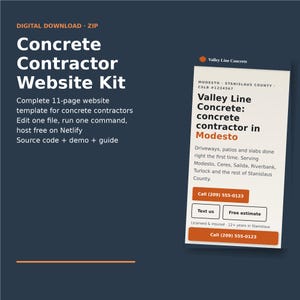Concrete Contractor Website Template | Complete 11-Page Static Site Kit | Edit One File, Free Hosting on Netlify | Driveways Patios Slabs