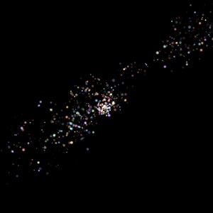 May include: A digital graphic composition featuring a diagonal cluster of small, multicolored circular light points against a solid black background. The dots vary in size and hue, including shades of blue, pink, yellow, and white, creating a bokeh effect.