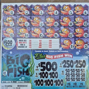 May include: A rectangular Big Fish game card featuring twenty perforated tabs, each displaying an orange fish graphic. The card includes a prize table, the text Big Fish Win, and various dollar amounts ranging from $1 to $500, with a blue background.