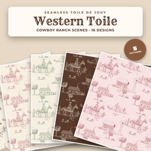 May include: A digital collection of 16 seamless Toile de Jouy patterns titled Western Toile, featuring cowboy ranch scenes. The designs include illustrations of riders on horseback, covered wagons, and rustic cabins in various color palettes.
