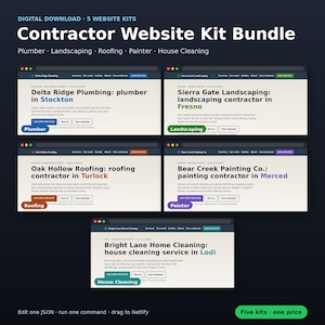 May include: A digital download bundle containing five website kits for contractors, including plumbing, landscaping, roofing, painting, and house cleaning services. Each kit features a browser window layout with text, navigation menus, and contact buttons.