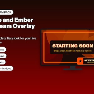 May include: A digital stream overlay kit featuring a fiery orange and black theme. The display shows a monitor with a Starting Soon screen, a New Follower alert box, and text labels for 4 screens, 2 overlays, 10 panels, and alerts plus badges.