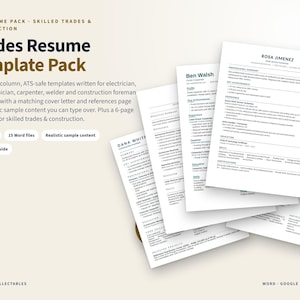 May include: A digital resume template pack for skilled trades and construction, featuring five single-column ATS-safe templates, matching cover letters, and a 6-page ATS guide. The text includes Trades Resume Template Pack and StocktonCollectables.