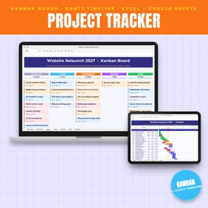 Könnte beinhalten: Ein digitaler Projekt-Tracker auf einem Laptop- und Tablet-Bildschirm. Die Benutzeroberfläche zeigt ein Kanban-Board mit dem Titel Website Relaunch 2027 mit Spalten für Aufgaben sowie eine Gantt-Zeitstrahl-Ansicht für die Projektplanung.