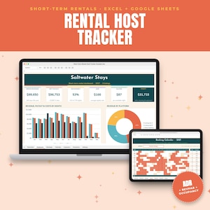 May include: A digital rental host tracker spreadsheet displayed on a laptop and tablet screen. The interface shows a dashboard titled Saltwater Stays with revenue, occupancy, and profit metrics, alongside a booking calendar with red and beige cells.