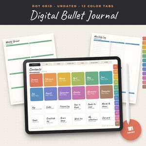 Digital Bullet Journal Dot Grid, Undated Hyperlinked Bujo with 12 Tabs for GoodNotes