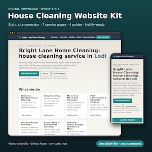 May include: A digital website kit for a house cleaning service named Bright Lane Home Cleaning, featuring a desktop and mobile layout. The design includes service pages, guides, and contact buttons for a cleaning business in Lodi, California.