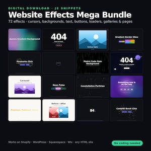 Peut inclure: Un pack de téléchargement numérique intitulé Website Effects Mega Bundle comprenant 72 éléments de conception web tels que curseurs, arrière-plans, textes, boutons, chargeurs, galeries et pages. L'image présente divers exemples d'interface utilisateur.