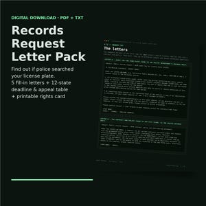 Puede incluir: Un paquete de descarga digital con archivos PDF y TXT titulado Records Request Letter Pack. Incluye cinco cartas para completar, una tabla de plazos y apelaciones para 12 estados, y una tarjeta de derechos imprimible para solicitudes de registros.