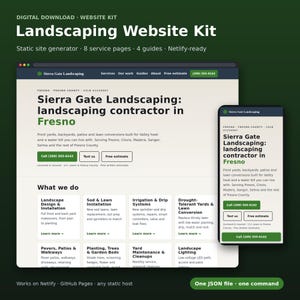 May include: A digital website kit for Sierra Gate Landscaping displayed on desktop and mobile screens. The layout features a dark green header, light beige background, and sections for services like landscape design, irrigation, and lawn maintenance.
