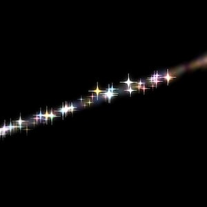 May include: A diagonal line of multi-colored, four-pointed star-shaped light bursts set against a solid black background. The stars vary in size and color, featuring hues of white, yellow, blue, and pink, creating a shimmering, linear effect.
