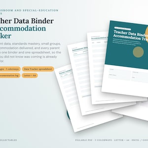 Op de afbeelding: Een digitale leraren-datamap en accommodatie-tracker set met invulbare PDF-pagina's, een Excel-spreadsheet en documentatielogboeken. De documenten bevatten secties voor beoordelingsgegevens, oudercontacten en IEP- of 504-registratie.