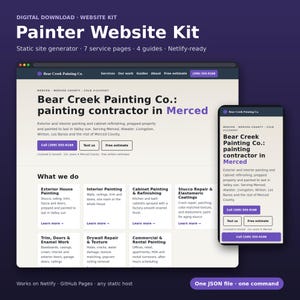 May include: A digital website kit for a painting contractor named Bear Creek Painting Co. The design features a dark purple header, a light beige background, and black text. It includes a desktop layout and a mobile phone view showing services.