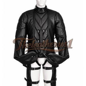 Men’s Black Leather Straitjacket Shorts Suit – Buckle Strap Gothic Costume with Quilted Sleeves