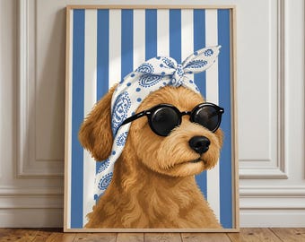 Goldendoodle in Sunglasses Print, Funny Dog Bandana Wall Art, Blue White Stripe Preppy Decor, Coastal Poster, Dog Mom Gift Idea