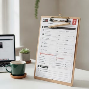 May include: A wooden clipboard holding a printed Traffic Source & Revenue Tracker page with a gold metal clip and a pen. The document features sections for traffic source breakdown, monetization performance, and strategic notes for YouTube analytics.