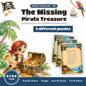 Könnte beinhalten: Ein digitales PDF-Schatzsuche-Spiel mit dem Titel The Missing Pirate Treasure, das 9 verschiedene Rätsel, 10 Stationen und 16 Seiten umfasst. Das Design zeigt einen Piraten, eine Schatztruhe, einen Papagei und ein Schiff sowie ein Wortsuchrätsel.