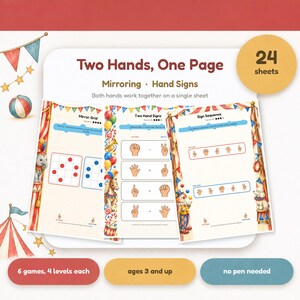 Könnte beinhalten: Ein Set aus 24 pädagogischen Arbeitsblättern mit dem Titel Two Hands, One Page, verziert mit Zirkusmotiven wie Clowns, Elefanten und Luftballons. Die Seiten enthalten Übungen zu Spiegelgittern, Handzeichen und Sequenzen ab 3 Jahren.