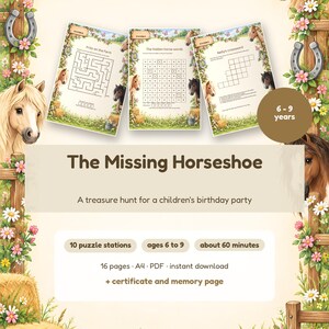 Gioco a tema cavalli per bambini - Caccia al tesoro con pony stampabile e 10 stazioni di puzzle - Età 6 7 8 9 - 16 anni - Pagina A4 PDF - Download immediato
