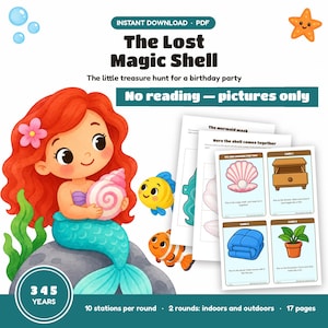 Könnte beinhalten: Ein digitales PDF-Schatzsuche-Spiel mit dem Titel The Lost Magic Shell, das eine Meerjungfrau mit roten Haaren, eine rosa Muschel, einen gelben Fisch, einen orangefarbenen Fisch und einen Seestern zeigt. Das Set umfasst 17 Seiten mit illustrierten Karten.