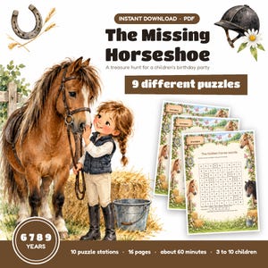 Horse Party Game for Kids - Printable Pony Treasure Hunt with 10 Puzzle Stations - Ages 6 7 8 9 - 16 Page A4 PDF Instant Download