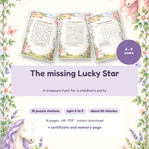 Printbare eenhoorn-schattenjacht voor meisjes - Magische speurtocht, verjaardagsspel, voor kinderen van 6, 7, 8 en 9 jaar, 10 puzzelstations, direct te downloaden als PDF