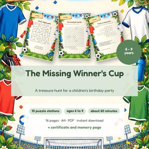 Może przedstawiać: Cyfrowy zestaw do poszukiwania skarbów pod tytułem The Missing Winner's Cup na przyjęcia urodzinowe dla dzieci. Zawiera trzy arkusze z labiryntem, wykreślanką i krzyżówką oraz tekst o 10 stacjach, wieku 6-9 lat, 60 minutach, 16 stronach, A4, PDF i certyfikacie. Ozdobiony koszulkami piłkarskimi, piłkami i korkami.