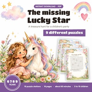 Unicorn Treasure Hunt Printable for Kids Girls - Magical Scavenger Hunt Birthday Party Game, Ages 6 7 8 9, 10 Puzzle Stations, Instant PDF
