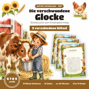 Könnte beinhalten: Ein digitales Suchspiel zum Ausdrucken mit dem Titel Die verschwundene Glocke, das eine Aquarellillustration eines Kindes in Latzhose zeigt, das eine braun-weiße Kuh füttert, sowie Sonnenblumen, ein Huhn und drei Spielbögen mit Worträtseln.