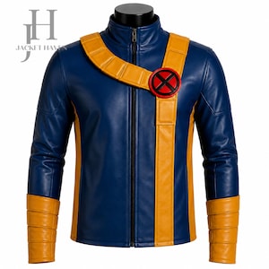 May include: A blue and yellow jacket featuring a high collar, a full-length front zipper, and long sleeves with yellow cuffs. A yellow strap crosses the chest, adorned with a circular red and black emblem featuring an X symbol on the left side.